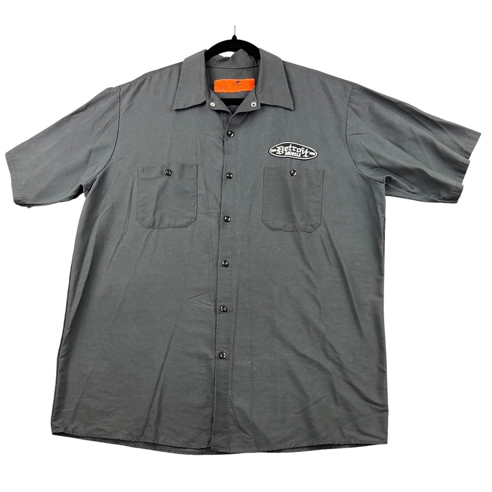 Red Kap Detroit Muscle Work Shirt Mens XL Gray Good Patch Graphic Button Down